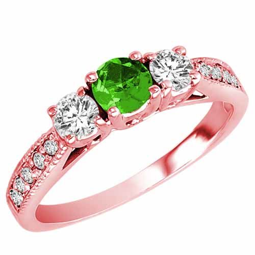 18K Rose Gold Round 3 Stone Diamond and Peridot Engagement Ring With Milgrain Pave Set Shank (0.95 cttw)