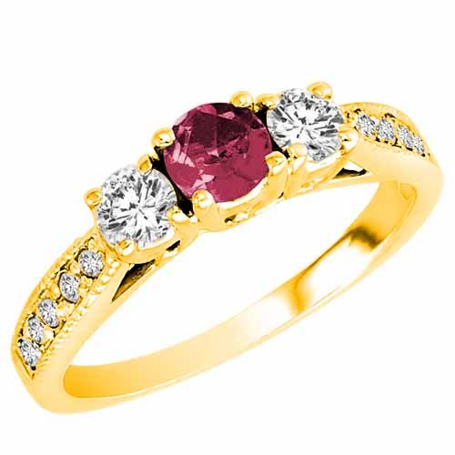 18K Yellow Gold Round 3 Stone Diamond and Pink Tourmaline Engagement Ring With Milgrain Pave Set Shank (0.95 cttw)