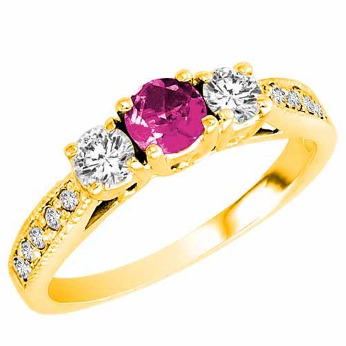 10K Yellow Gold Round 3 Stone Diamond and Pink Sapphire Engagement Ring With Milgrain Pave Set Shank (0.95 cttw)