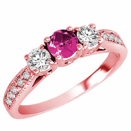 18K Rose Gold Round 3 Stone Diamond and Pink Topaz Engagement Ring With Milgrain Pave Set Shank (0.95 cttw)