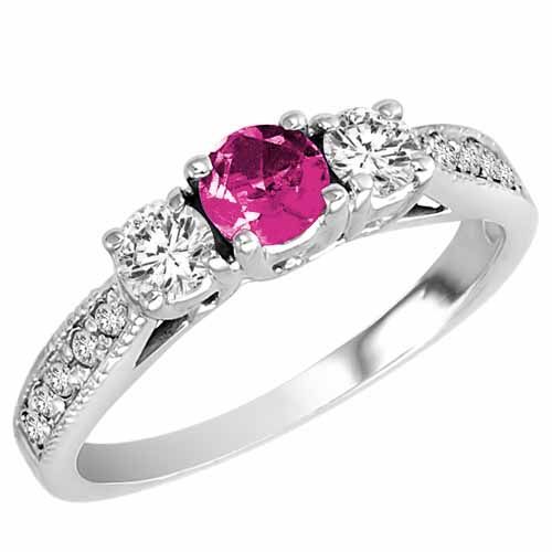 18K White Gold Round 3 Stone Diamond and Pink Topaz Engagement Ring With Milgrain Pave Set Shank (0.95 cttw)