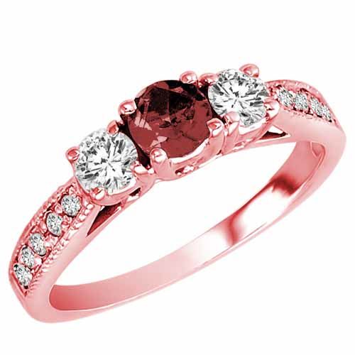 10K Rose Gold Round 3 Stone Diamond and Ruby Engagement Ring With Milgrain Pave Set Shank (0.95 cttw)