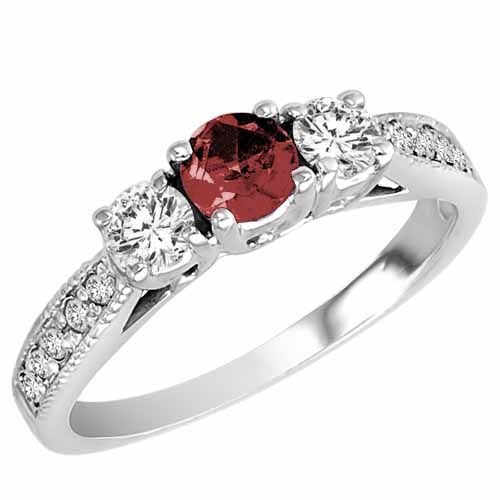 10K White Gold Round 3 Stone Diamond and Ruby Engagement Ring With Milgrain Pave Set Shank (0.95 cttw)
