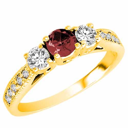 10K Yellow Gold Round 3 Stone Diamond and Ruby Engagement Ring With Milgrain Pave Set Shank (0.95 cttw)