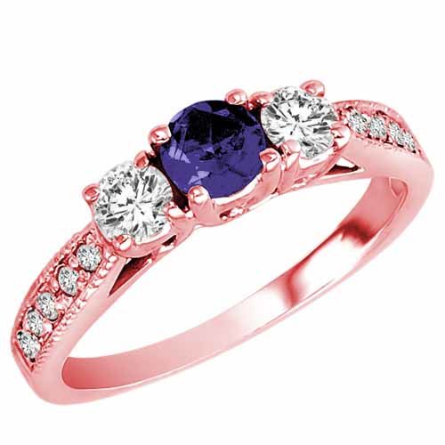 10K Rose Gold Round 3 Stone Diamond and Blue Sapphire Engagement Ring With Milgrain Pave Set Shank (0.95 cttw)