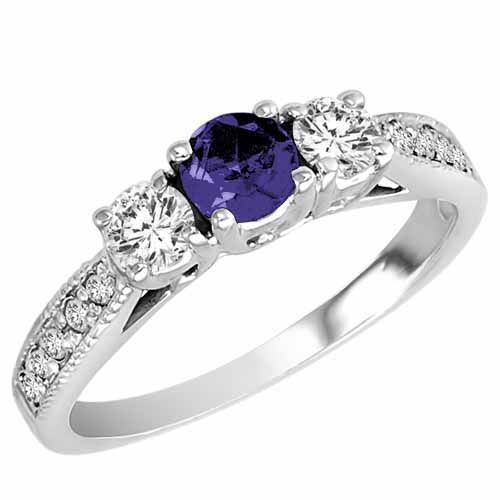 Sterling Silver Round 3 Stone Diamond and Blue Sapphire Engagement Ring With Milgrain Pave Set Shank (0.95 cttw)