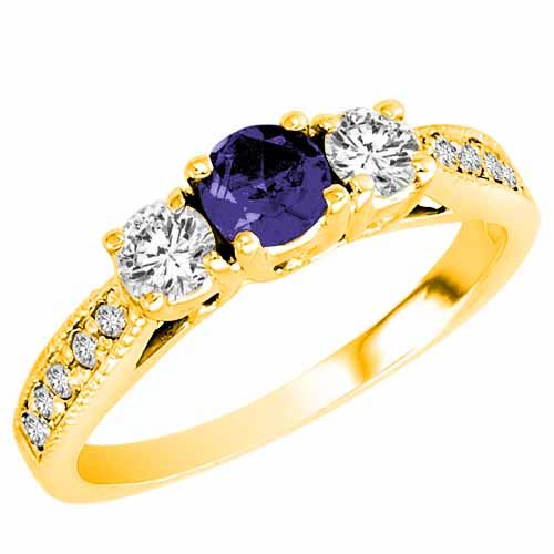 10K Yellow Gold Round 3 Stone Diamond and Blue Sapphire Engagement Ring With Milgrain Pave Set Shank (0.95 cttw)