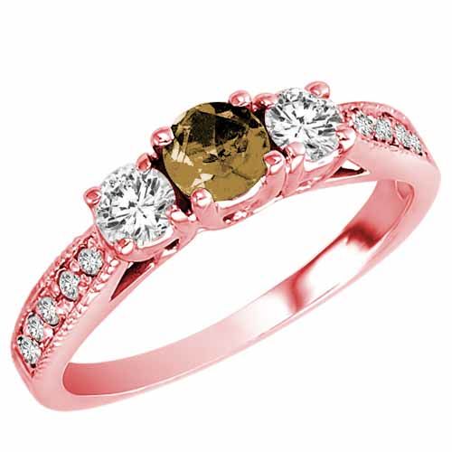 18K Rose Gold Round 3 Stone Diamond and Smoky Quartz Engagement Ring With Milgrain Pave Set Shank (0.95 cttw)
