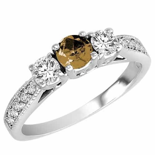 14K White Gold Round 3 Stone Diamond and Smoky Quartz Engagement Ring With Milgrain Pave Set Shank (0.95 cttw)