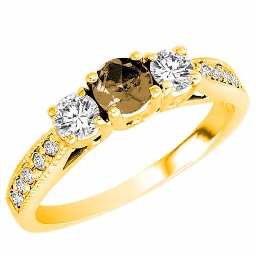 18K Yellow Gold Round 3 Stone Diamond and Smoky Quartz Engagement Ring With Milgrain Pave Set Shank (0.95 cttw)