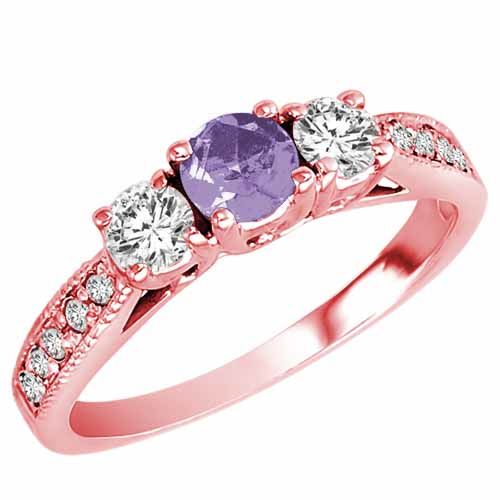 14K Rose Gold Round 3 Stone Diamond and Tanzanite Engagement Ring With Milgrain Pave Set Shank (0.95 cttw)