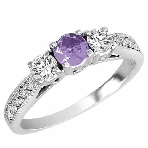 14K White Gold Round 3 Stone Diamond and Tanzanite Engagement Ring With Milgrain Pave Set Shank (0.95 cttw)