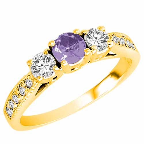 14K Yellow Gold Round 3 Stone Diamond and Tanzanite Engagement Ring With Milgrain Pave Set Shank (0.95 cttw)