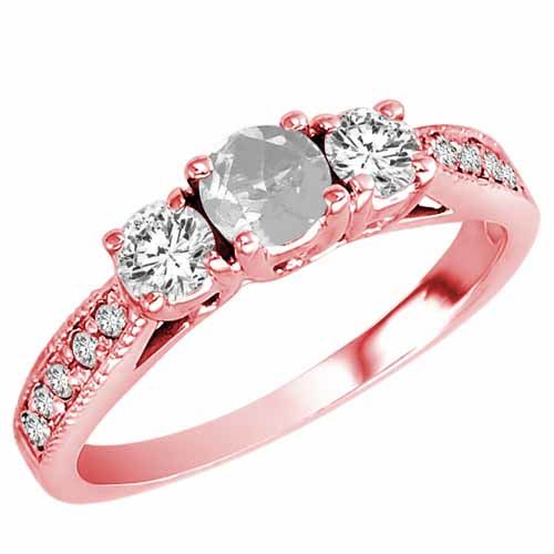 18K Rose Gold Round 3 Stone Diamond and White Quartz Engagement Ring With Milgrain Pave Set Shank (0.95 cttw)