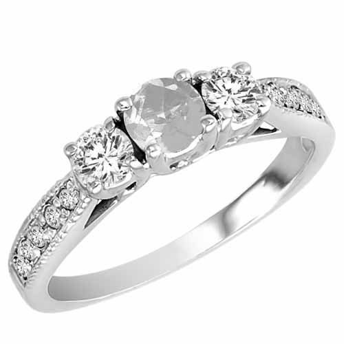 18K White Gold Round 3 Stone Diamond and White Quartz Engagement Ring With Milgrain Pave Set Shank (0.95 cttw)