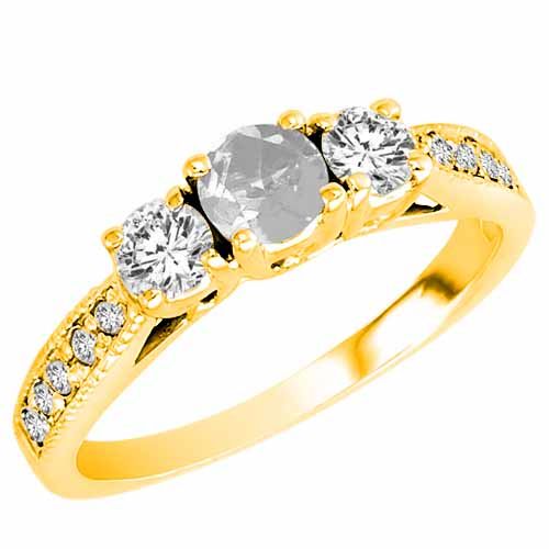 18K Yellow Gold Round 3 Stone Diamond and White Quartz Engagement Ring With Milgrain Pave Set Shank (0.95 cttw)