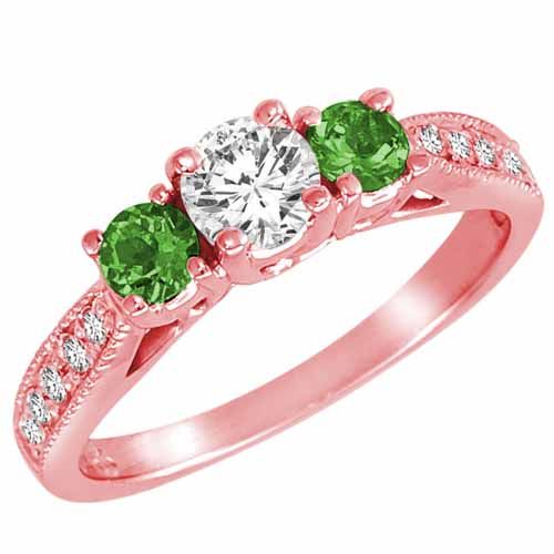 18K Rose Gold Round 3 Stone Diamond and Emerald Engagement Ring With Milgrain Pave Set Shank (1.00 cttw)