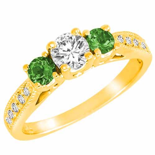 14K Yellow Gold Round 3 Stone Diamond and Emerald Engagement Ring With Milgrain Pave Set Shank (1.00 cttw)