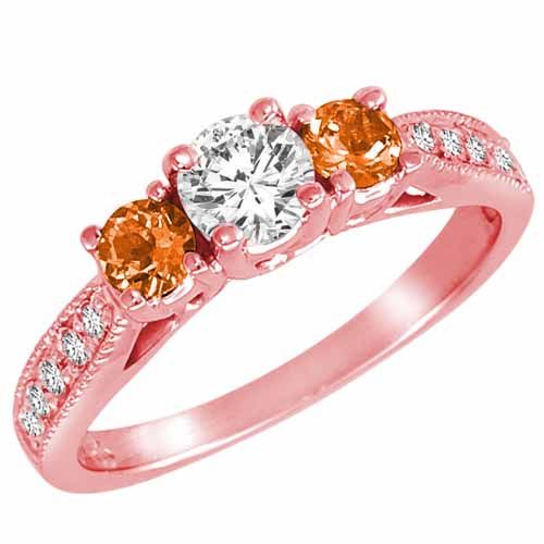 10K Rose Gold Round 3 Stone Diamond and Fire Opal Engagement Ring With Milgrain Pave Set Shank (1.00 cttw)