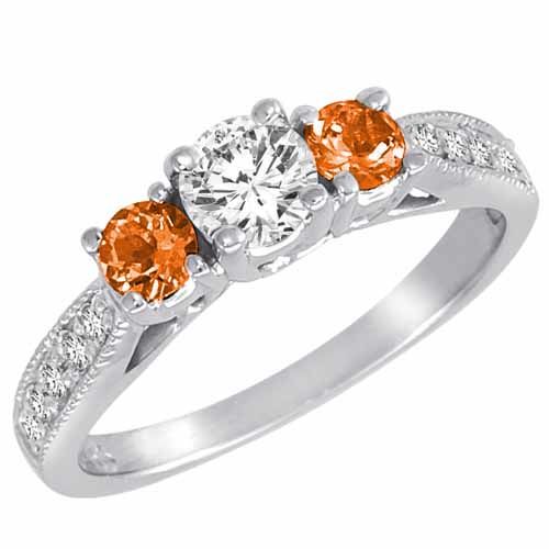 Sterling Silver Round 3 Stone Diamond and Fire Opal Engagement Ring With Milgrain Pave Set Shank (1.00 cttw)