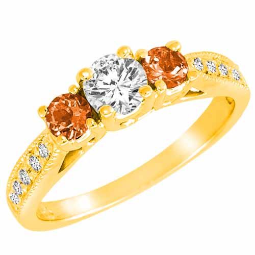 10K Yellow Gold Round 3 Stone Diamond and Fire Opal Engagement Ring With Milgrain Pave Set Shank (1.00 cttw)