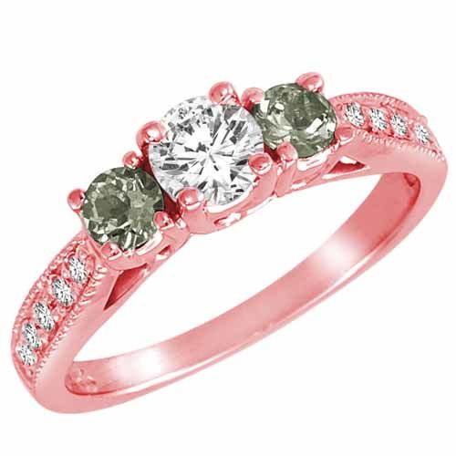 10K Rose Gold Round 3 Stone Diamond and Green Amethyst Engagement Ring With Milgrain Pave Set Shank (1.00 cttw)