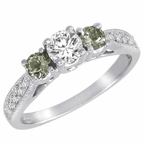 10K White Gold Round 3 Stone Diamond and Green Amethyst Engagement Ring With Milgrain Pave Set Shank (1.00 cttw)