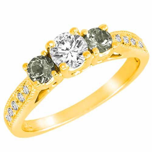 10K Yellow Gold Round 3 Stone Diamond and Green Amethyst Engagement Ring With Milgrain Pave Set Shank (1.00 cttw)