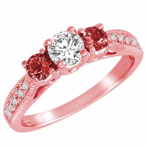 18K Rose Gold Round 3 Stone Diamond and Garnet Engagement Ring With Milgrain Pave Set Shank (1.00 cttw)