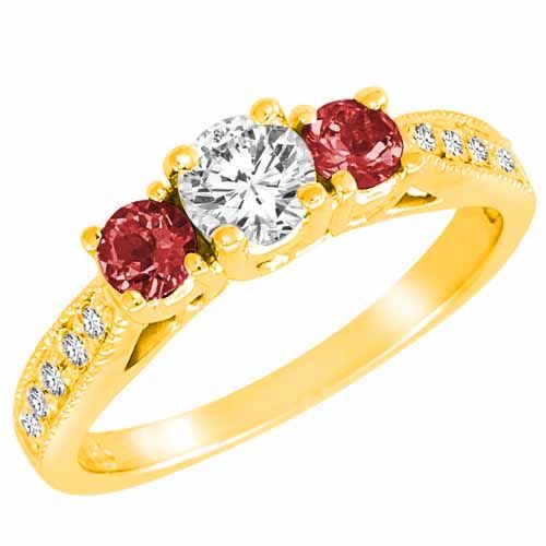 14K Yellow Gold Round 3 Stone Diamond and Garnet Engagement Ring With Milgrain Pave Set Shank (1.00 cttw)