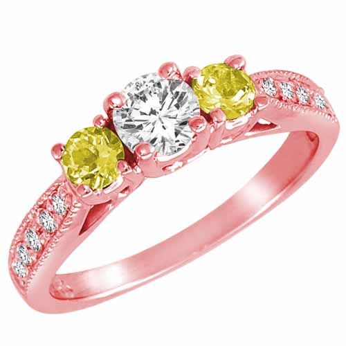 18K Rose Gold Round 3 Stone Diamond and Lemon Quartz Engagement Ring With Milgrain Pave Set Shank (1.00 cttw)