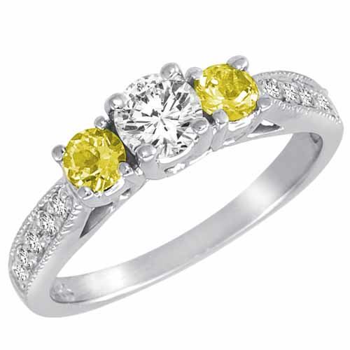 14K White Gold Round 3 Stone Diamond and Lemon Quartz Engagement Ring With Milgrain Pave Set Shank (1.00 cttw)
