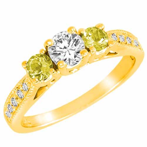 14K Yellow Gold Round 3 Stone Diamond and Lemon Quartz Engagement Ring With Milgrain Pave Set Shank (1.00 cttw)
