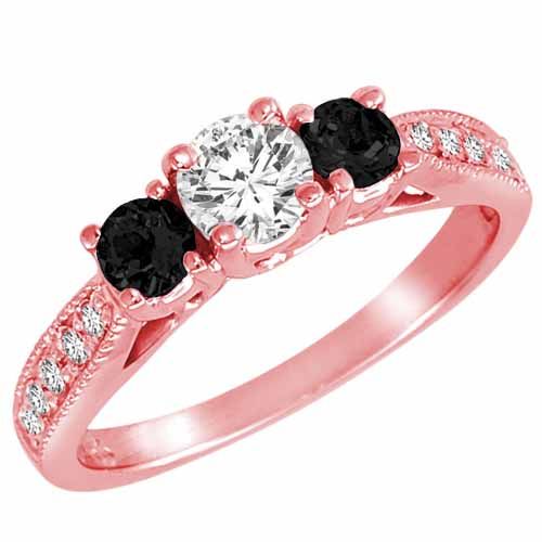 10K Rose Gold Round 3 Stone Diamond and Onyx Engagement Ring With Milgrain Pave Set Shank (1.00 cttw)
