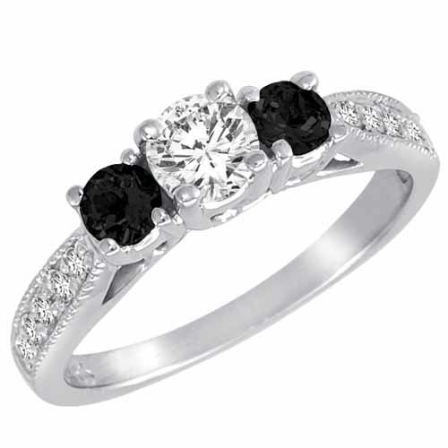 Platinum Round 3 Stone Diamond and Onyx Engagement Ring With Milgrain Pave Set Shank (1.00 cttw)
