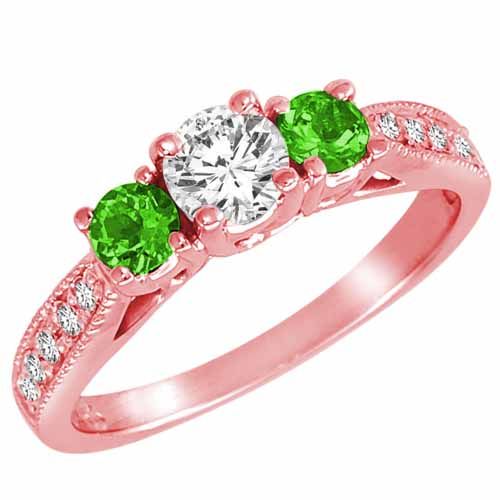 18K Rose Gold Round 3 Stone Diamond and Peridot Engagement Ring With Milgrain Pave Set Shank (1.00 cttw)