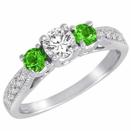 Sterling Silver Round 3 Stone Diamond and Peridot Engagement Ring With Milgrain Pave Set Shank (1.00 cttw)