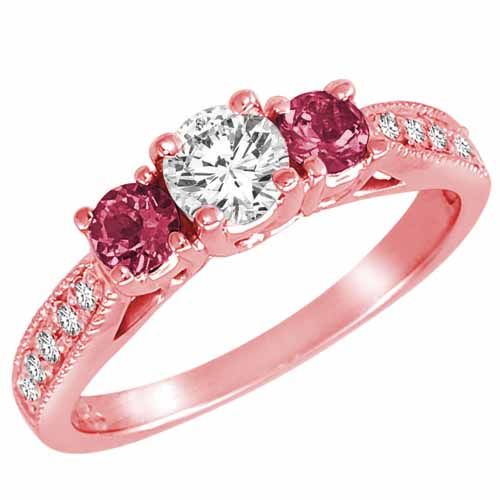 10K Rose Gold Round 3 Stone Diamond and Pink Tourmaline Engagement Ring With Milgrain Pave Set Shank (1.00 cttw)