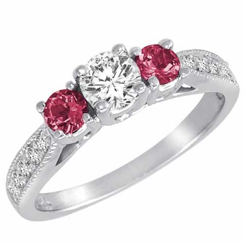 Sterling Silver Round 3 Stone Diamond and Pink Tourmaline Engagement Ring With Milgrain Pave Set Shank (1.00 cttw)