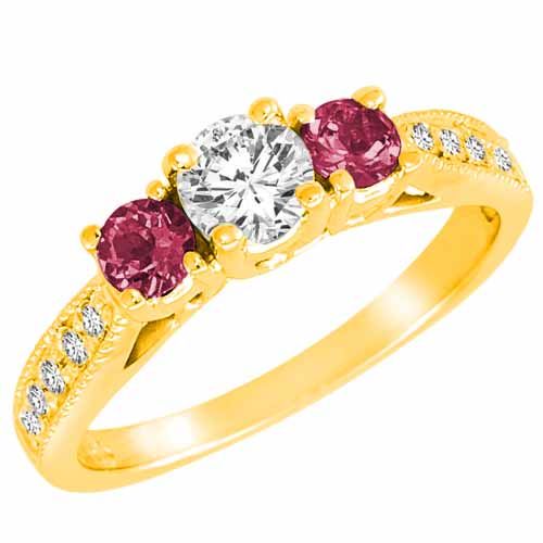 18K Yellow Gold Round 3 Stone Diamond and Pink Tourmaline Engagement Ring With Milgrain Pave Set Shank (1.00 cttw)