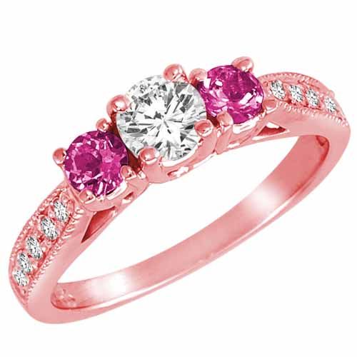 18K Rose Gold Round 3 Stone Diamond and Pink Sapphire Engagement Ring With Milgrain Pave Set Shank (1.00 cttw)