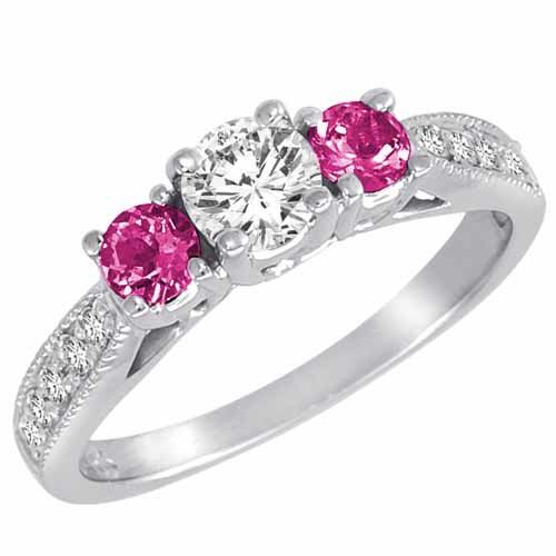 Platinum Round 3 Stone Diamond and Pink Topaz Engagement Ring With Milgrain Pave Set Shank (1.00 cttw)