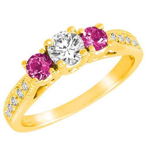 10K Yellow Gold Round 3 Stone Diamond and Pink Topaz Engagement Ring With Milgrain Pave Set Shank (1.00 cttw)