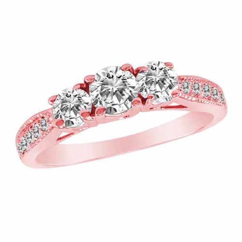 10K Rose Gold 3 Three Stone Round Brilliant Diamond Engagement Ring With Milgrain Pave Set Shank (1 cttw, F-G/I1)