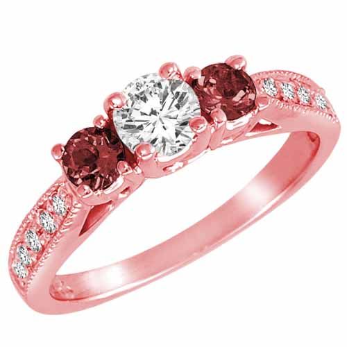 10K Rose Gold Round 3 Stone Diamond and Ruby Engagement Ring With Milgrain Pave Set Shank (1.00 cttw)