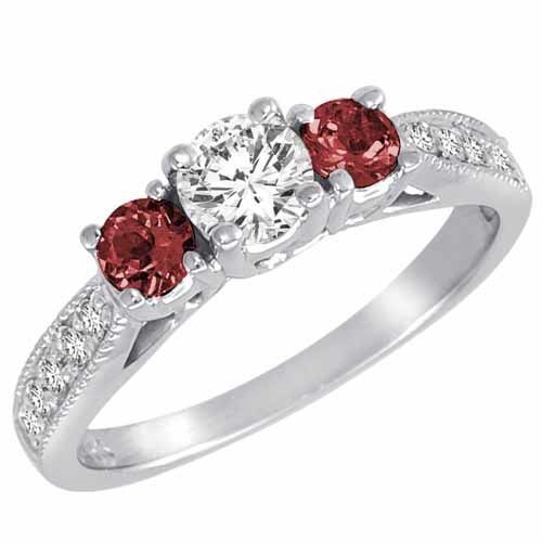 18K White Gold Round 3 Stone Diamond and Ruby Engagement Ring With Milgrain Pave Set Shank (1.00 cttw)