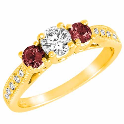 14K Yellow Gold Round 3 Stone Diamond and Ruby Engagement Ring With Milgrain Pave Set Shank (1.00 cttw)