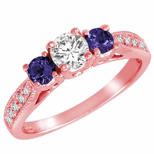 14K Rose Gold Round 3 Stone Diamond and Blue Sapphire Engagement Ring With Milgrain Pave Set Shank (1.00 cttw)