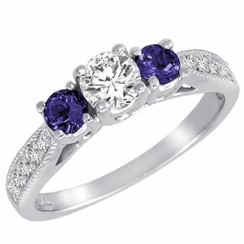 Sterling Silver Round 3 Stone Diamond and Blue Sapphire Engagement Ring With Milgrain Pave Set Shank (1.00 cttw)