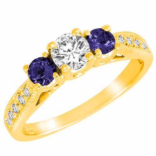 18K Yellow Gold Round 3 Stone Diamond and Blue Sapphire Engagement Ring With Milgrain Pave Set Shank (1.00 cttw)